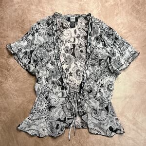 Vintage Y2K Studio 1940 Black & White Sheer Floral Paisley Tie Front Blouse Mesh